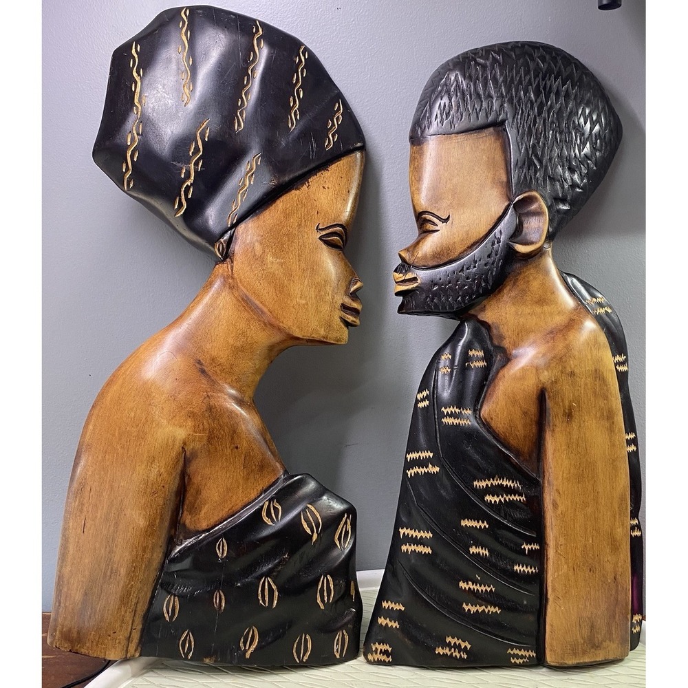 Pair‎ of Vintage Male&Female African Wood Carvings Art Sculptures, Made in Ghana